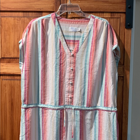 Linen blend horizontal striped pastel summer dress w gathered waist szXL - Picture 3 of 7